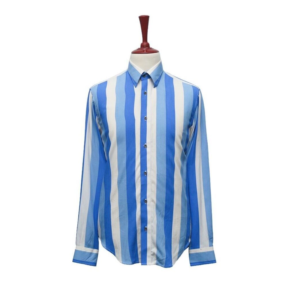 Mens Shirt Button Up Blue White Striped Casual Tropical Hawaiian Beach Medium